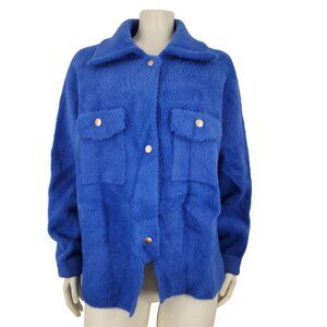Women's Bucket List Blue Fuzzy Sweater Jacket Small Soft Gold Snap Buttons Shirt